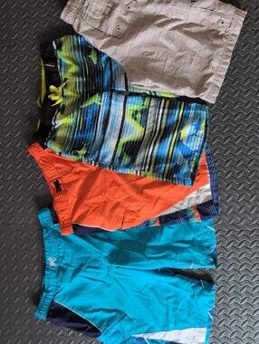 🩳 🌊 4-Pair EUC Multicolor Boys Swim Trunks - Striped & Solid Panels L-XL